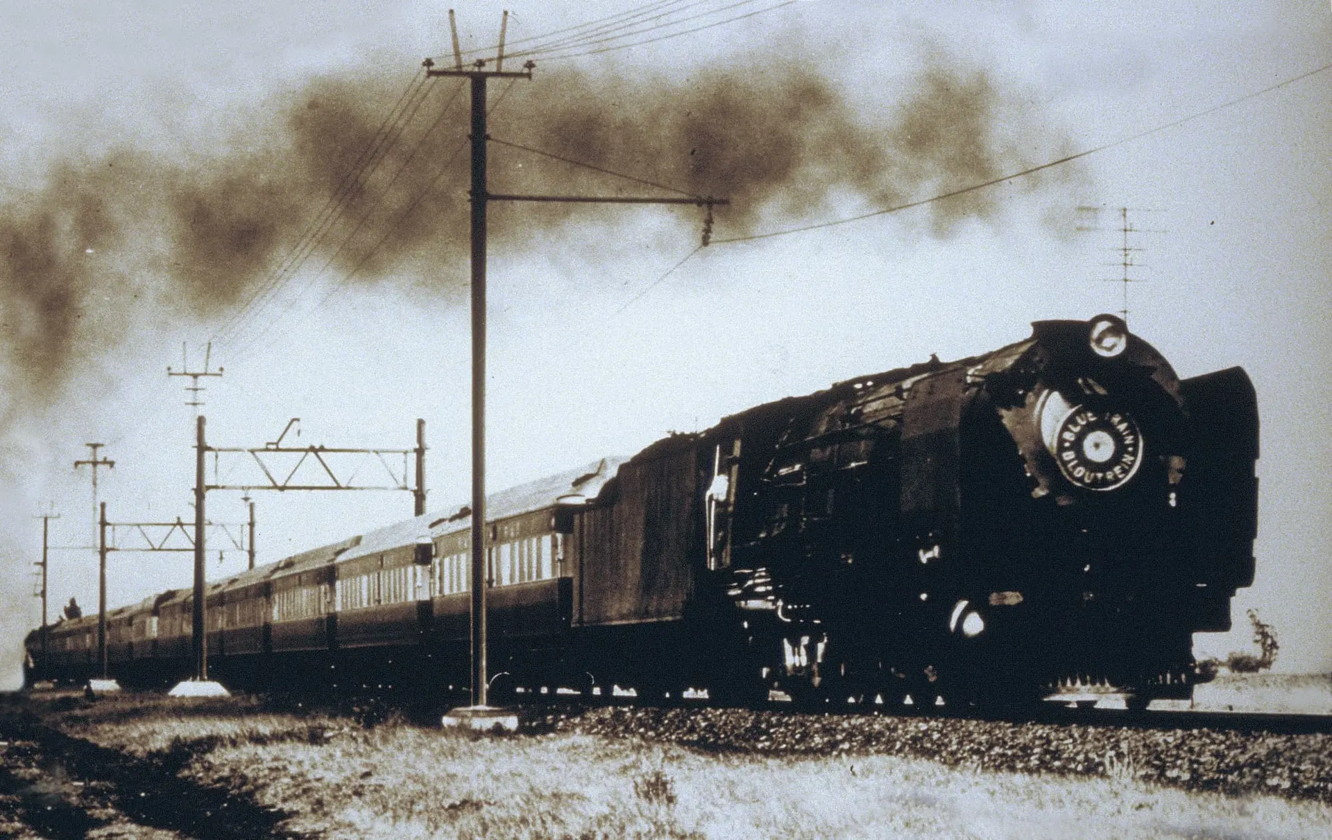 The Blue Train steam locomotive, black and white, 1945